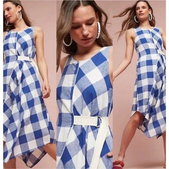 Anthropologie Maeve Blue/White Belted Gingham Dress. Size Small. Wrap dres - Picture 1 of 8